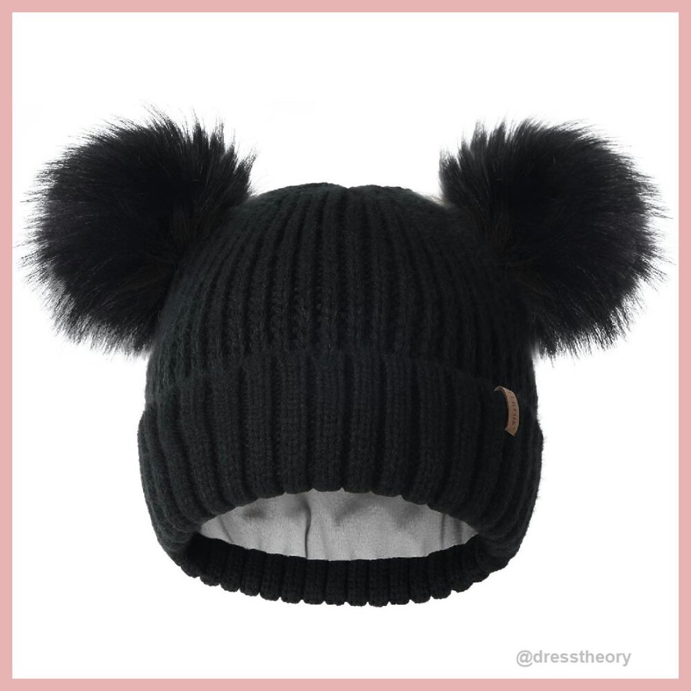 Warm Fleece Lined Winter Beanie with Detachable Pom Poms